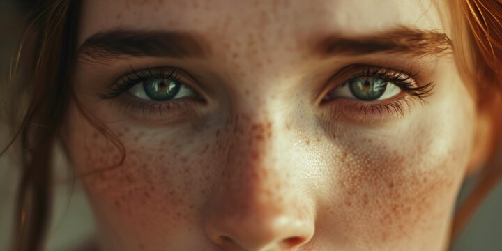 A close up view of a woman's face showing her freckles. This image can be used in beauty, skincare, or natural makeup related projects