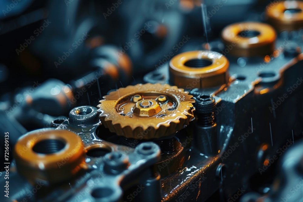 Poster Close-up view of gears on a machine. Suitable for industrial and mechanical concepts