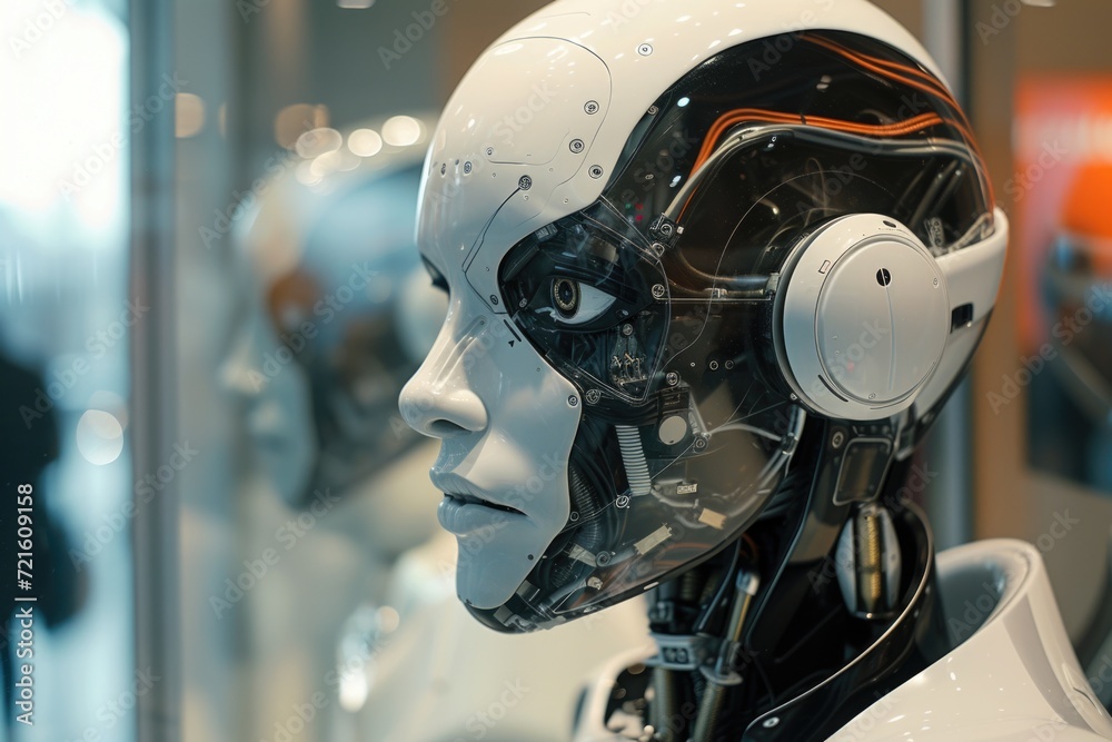 Poster a close-up shot of a robot's head wearing headphones. this image can be used to depict technology, a