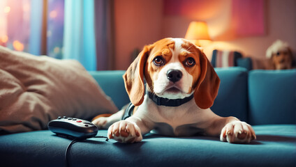 Cute dog on the sofa with remote control leisure