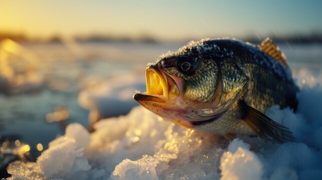 A fish sitting in the snow. Suitable for winter-themed designs and illustrations
