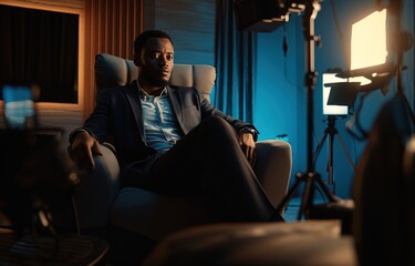 Fototapeta premium Cinematic Film Director Contemplating Next Scene on Set, A film director sits pensively on set, surrounded by lights, crafting the vision of his next scene