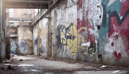 wide angle view of an old factory building with graffiti on the walls