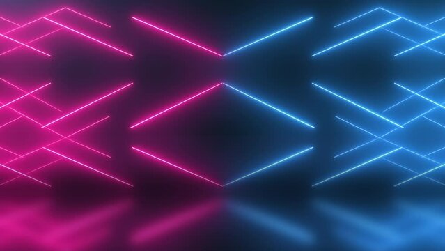 Abstract Neon Lines Background. Blue And Purple Neon Glowing Lines And Darkl Background. 4K Seamless Loop.