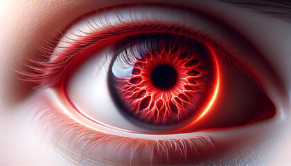 Red eye with a fiery glow. Close-up of a human eye with a unique red iris giving the impression of...