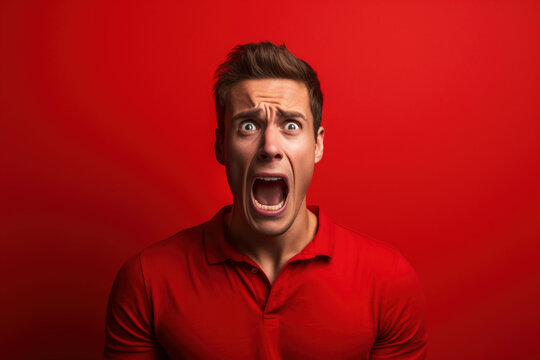 Sad crying desperate adult man wearing shirt screams on red studio isolated background. Nervous male, bad news, disapproving expression on face. Social issues stress and suffer concept