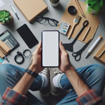 Hands holding a smartphone above a contemporary desk with office supplies, embodying a creative and productive workspace.
