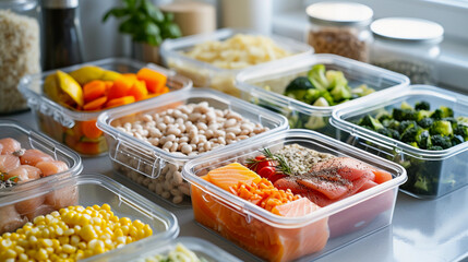 meal prep for the week, with containers filled with balanced meals, focus on the variety of foods...