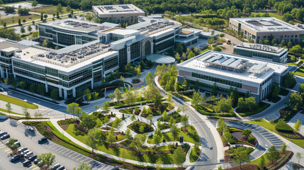 insurance company campus with multiple buildings, landscaped gardens, and parking lots