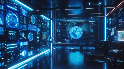 Fototapeta premium futuristic virtual insurance office, holographic displays and digital interfaces, cyberpunk aesthetic