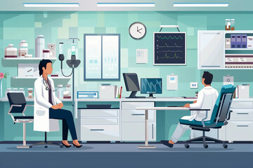 A health insurance medical examination room, with medical equipment, patient and doctor in discussion