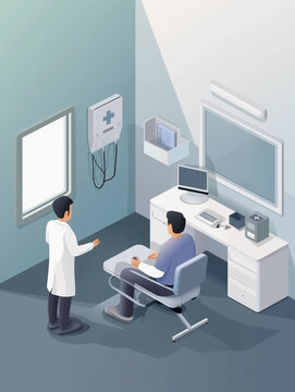A health insurance medical examination room, with medical equipment, patient and doctor in discussion