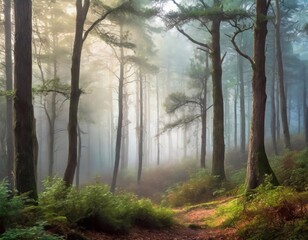 Foggy morning in the pine forest.