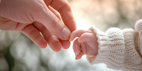 Close-up little small hand of child and palm of mother and father. The newborn baby has a firm grip on the parent's finger after birth. A newborn holds on to mom's, dad's finger.