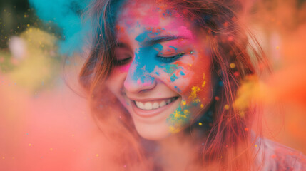 Participants covered in vibrant powders during a Holi festival celebration