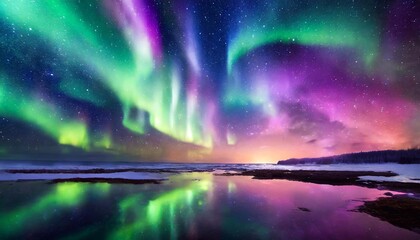 Fototapeta na wymiar Aurora borealis, northern lights over the lake in winter