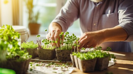 Close up on hands nurturing small green plant sprouts. Individual gardening microgreens. Concept of urban farming, hands-on agriculture, green living, home gardening.