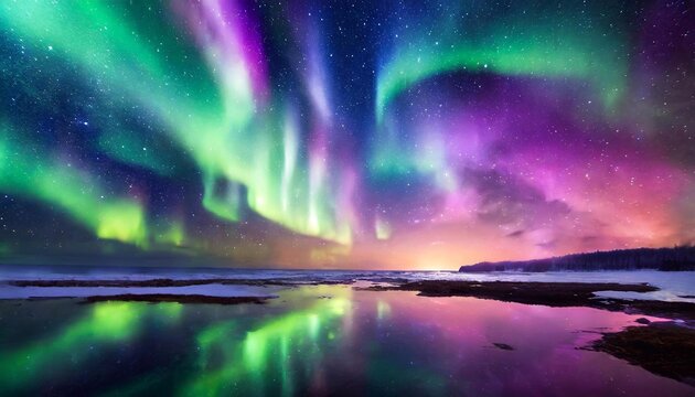 Aurora borealis, northern lights over the lake in winter