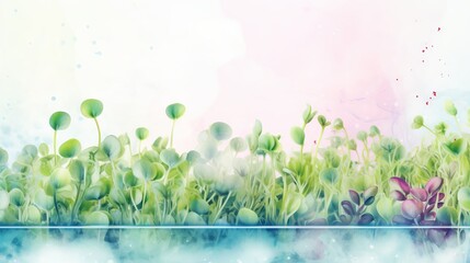 Watercolor microgreens, pastel background with aquarelle splashes. Copy space. Concept of urban gardening, nutritious sprouting, compact farming, healthy lifestyle, botanical art