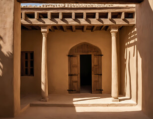 Golden Glow: Sunlit Inner Courtyard of an Ancient Arabian Adobe House with Intricate Shadows and Carved Details