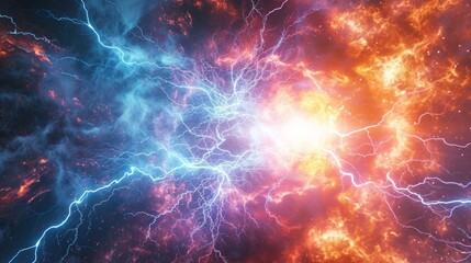 Vibrant cosmic energy surge with dynamic interplay of electric blues and fiery reds. Magnetic storm in outer space. Concepts of cosmos, energy, abstract, fantasy background and dynamic flow. - obrazy, fototapety, plakaty