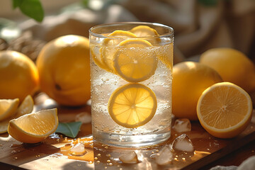 lemonade. Summer refreshing drink. Cold detox water with lemon and ice