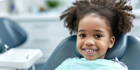 Children treatment teeth, medical checkup. African-American smiling elementary school girl sitting in dentist chair exposing white teeth. Creative banner with happy child kid for pediatric dentistry