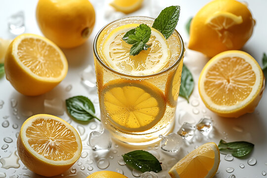lemonade. Summer refreshing drink. Cold detox water with lemon and ice