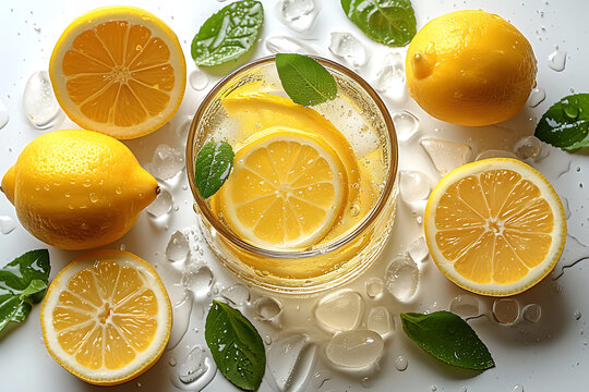 lemonade. Summer refreshing drink. Cold detox water with lemon and ice