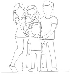 Fototapeta na wymiar Happy family in continuous line art drawing style. Front view of parents with their little son holding hands and walking together black linear sketch isolated on white background. Vector illustration