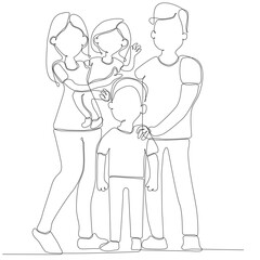 Happy family in continuous line art drawing style. Front view of parents with their little son holding hands and walking together black linear sketch isolated on white background. Vector illustration