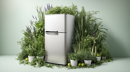 a refrigerator nestled among grass and herbs