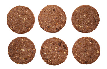 Set biscuit with chocolate, wholegrain with rolled oats and chocolate isolated on white, top view