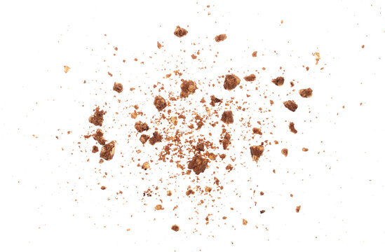 Crumbs integral wholewheat biscuit with oatmeal and chocolate, cookie flying, isolated on white, top view, clipping path