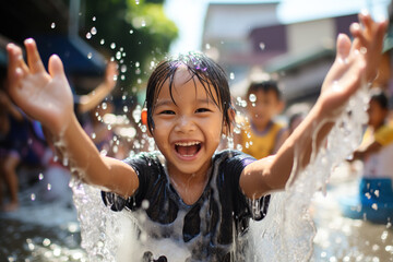Cute Asian girl having fun in splashing water outdoors. Songkran. Generated by artificial intelligence