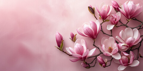 Magnolia branch with blooming pink flowers on soft pastel pink background with copy space, spring banner