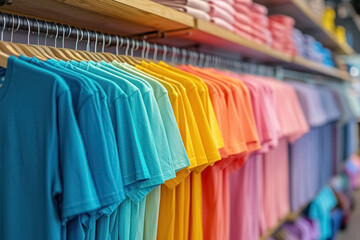 Obraz premium Assorted many-colored textile simple T-shirts in clothing rack in store, selling variety of stylish, fashionable casual clothes hanging on hanger