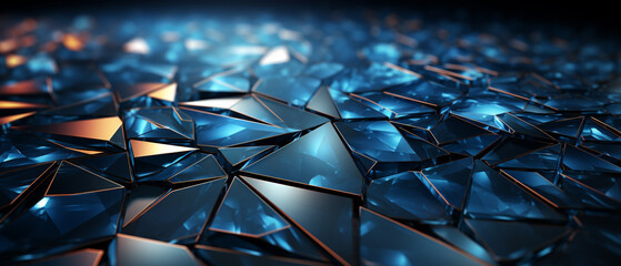 Captivating crystal triangles abstract in blue, Unreal Engine rendered with metallic finishes. Cinema4D style metal compositions, vibrant geometries, polished craftsmanship. Dark blue, bronze hues - obrazy, fototapety, plakaty