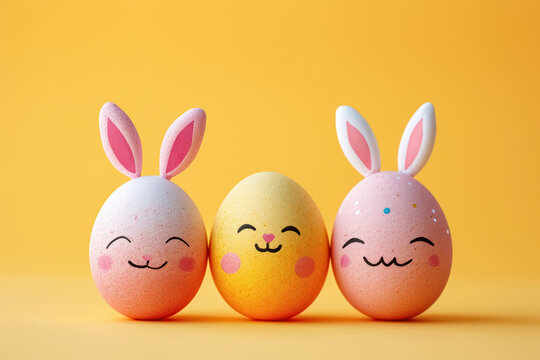 Three cute painted smiling Easter eggs pink and yellow with bunny ears on smooth yellow background, happy Easter greeting card