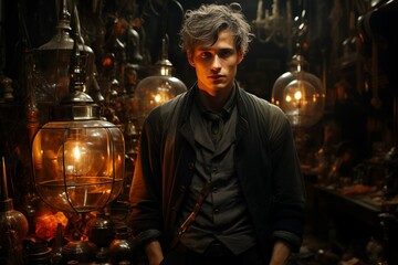 Portrait of a young handsome man in his vintage laboratory