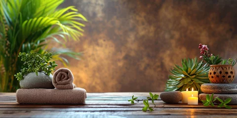 Cercles muraux Spa Relax with natural aromatherapy treatment ayurvedic spa in a room for luxury or wellness surrounded by nature. Health and ayurveda massage, skincare, spa relaxation concept. Copy paste place for text