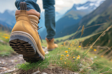 Person wearing hiking boots walking on path in field with mountains in the background