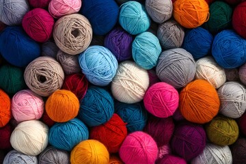 Many colorful yarn balls are sitting in a pile. Background from balls of wool yarn.