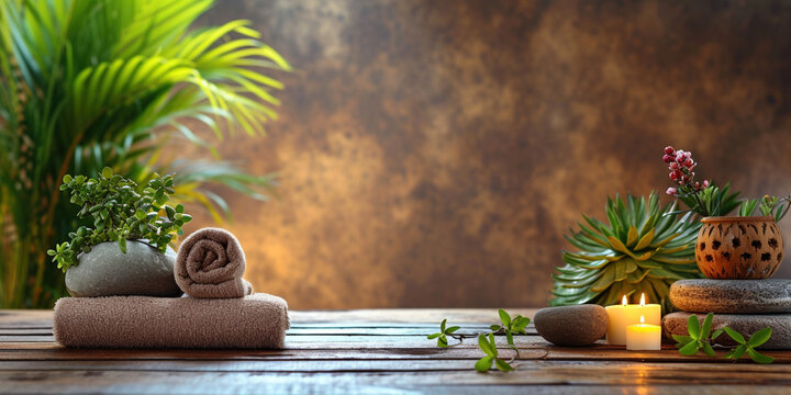 Relax with natural aromatherapy treatment ayurvedic spa in a room for luxury or wellness surrounded by nature. Health and ayurveda massage, skincare, spa relaxation concept. Copy paste place for text