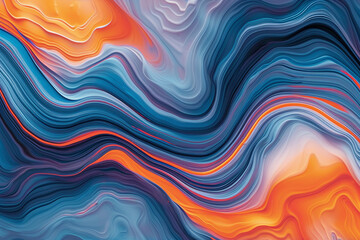 An abstract image with fluid swirls and waves in a mesmerizing dance of orange and blue hues, evoking a sense of movement - obrazy, fototapety, plakaty