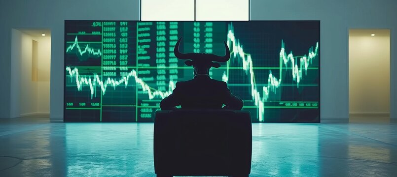 Green suited bull in old house with stock share graphics on monitor, bull market concept