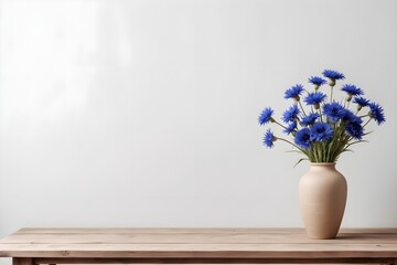 Wooden table with beige clay vase with bouquet of cornflower flowers, blank white wall. Home interior background with copy space.