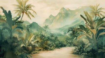 Watercolor pattern wallpaper. Painting of a jungle landscape in retro style. - obrazy, fototapety, plakaty