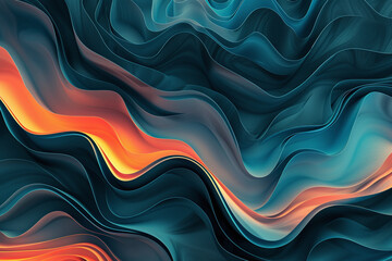 An abstract visualization of fluid waves, blending warm orange highlights with cool teal shadows to create a sense of depth and movement - obrazy, fototapety, plakaty