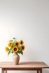 Wooden table with beige clay vase with bouquet of sunflower flowers, blank white wall. Home interior background with copy space.